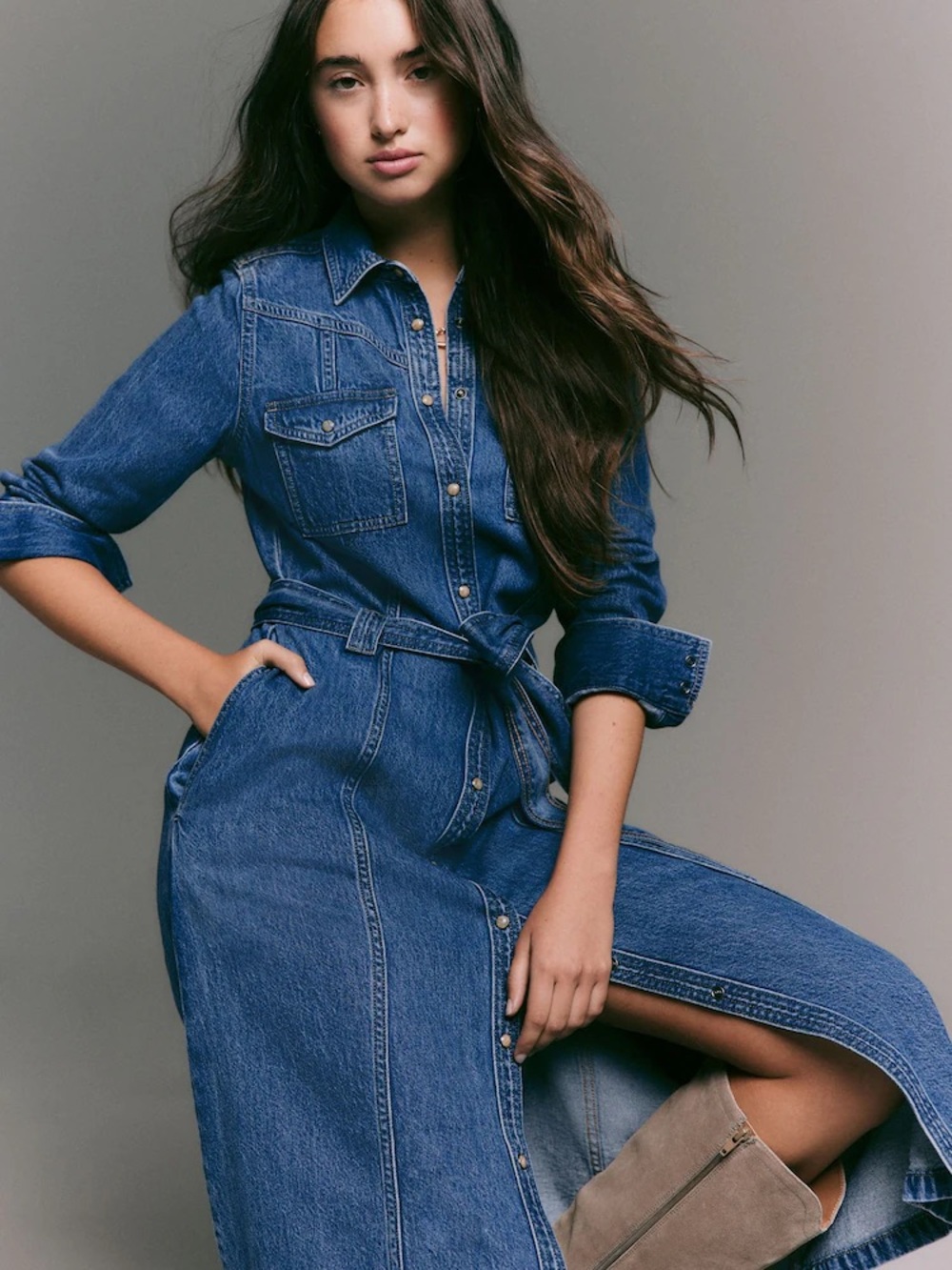 Next Western Tie Waist Denim Midi Dress Shirtdress Blue Size 4 NWT